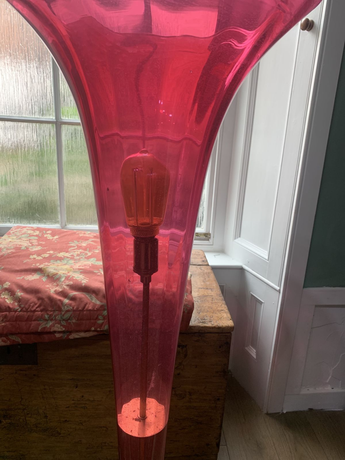 A Pair Of Mid Century Cranberry Glass Trumpet Floor Standing Lights photo 3500.0