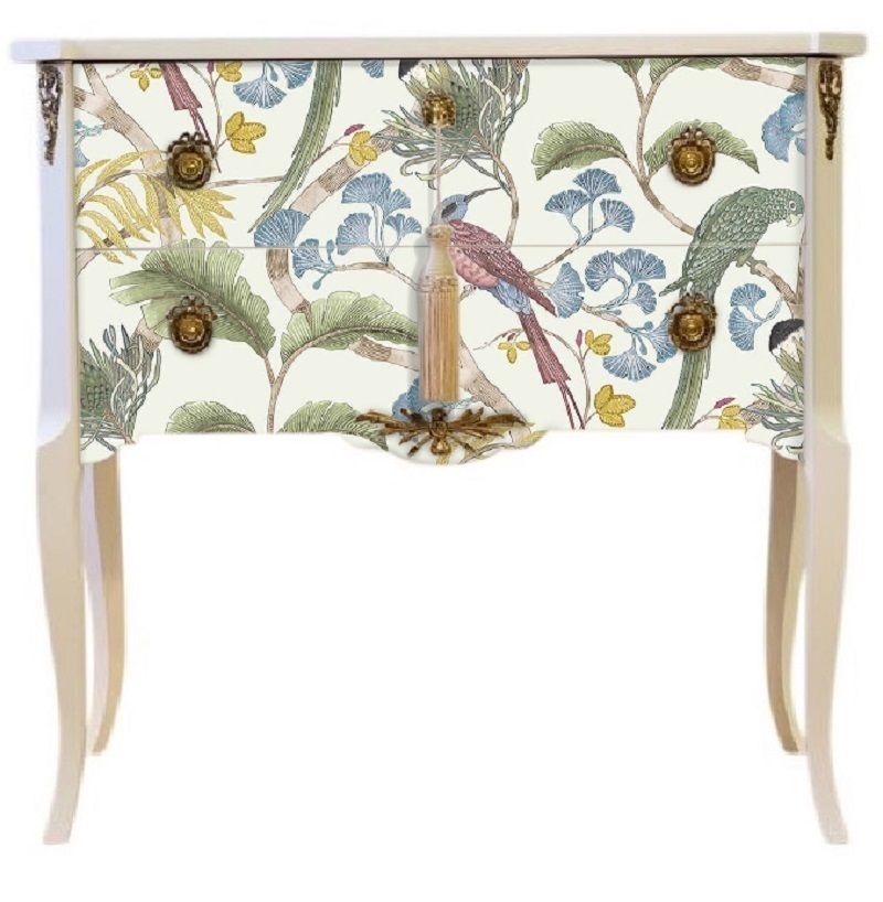 Gustavian Style Commode In Antique White With Exotic Birds Design And Matching Painted Marble Top