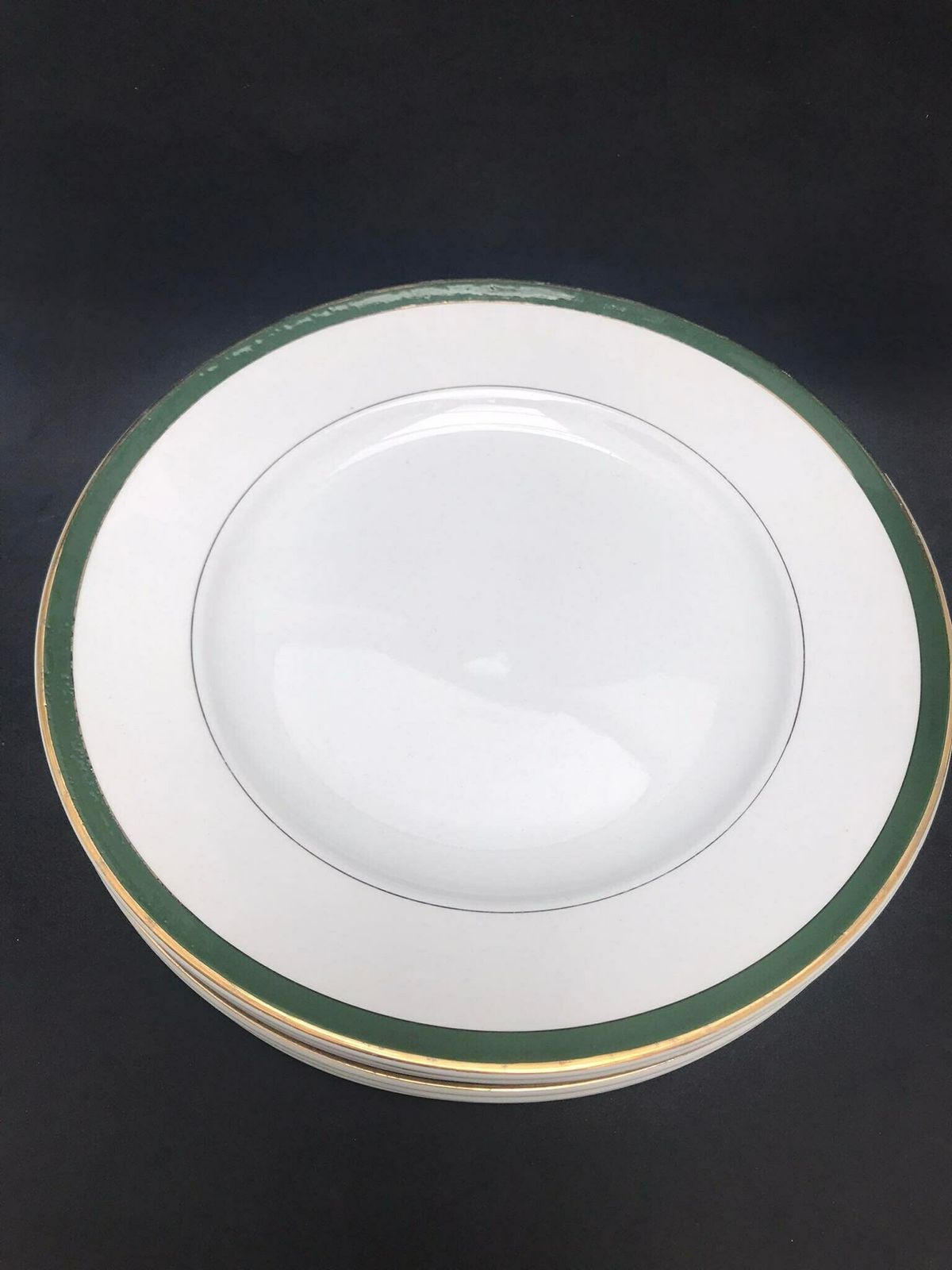 Antique Set 6 Dinner Plates Made By Villeroy And Boch Mettlach Green Golden Rim XIX Century Large Plates 25,1 Cm Diameter German Porcelain photo vintage