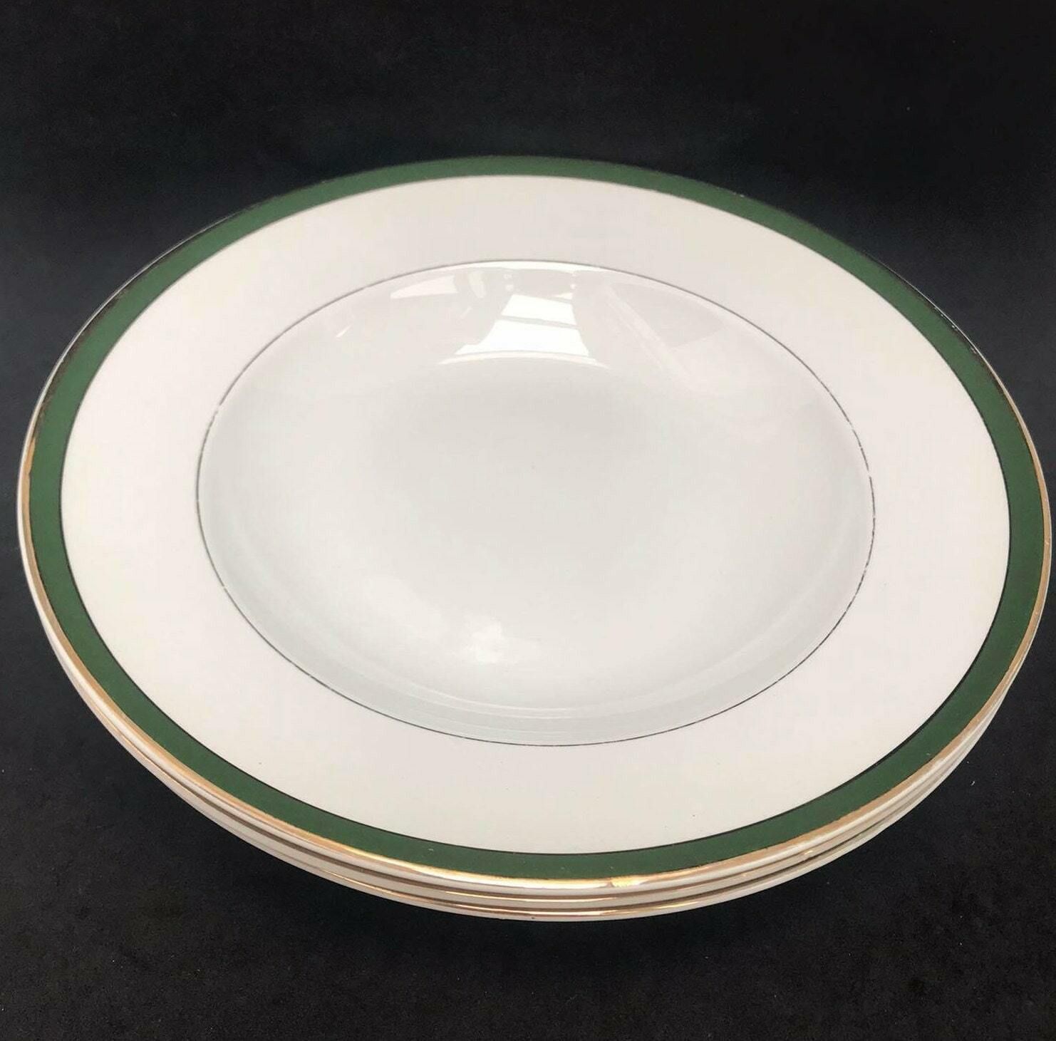 Antique Set 3 Soup Plates Made By Villeroy And Boch Mettlach Green Golden Rim XIX Century Large Plates 25,1 Cm Diameter German Porcelain