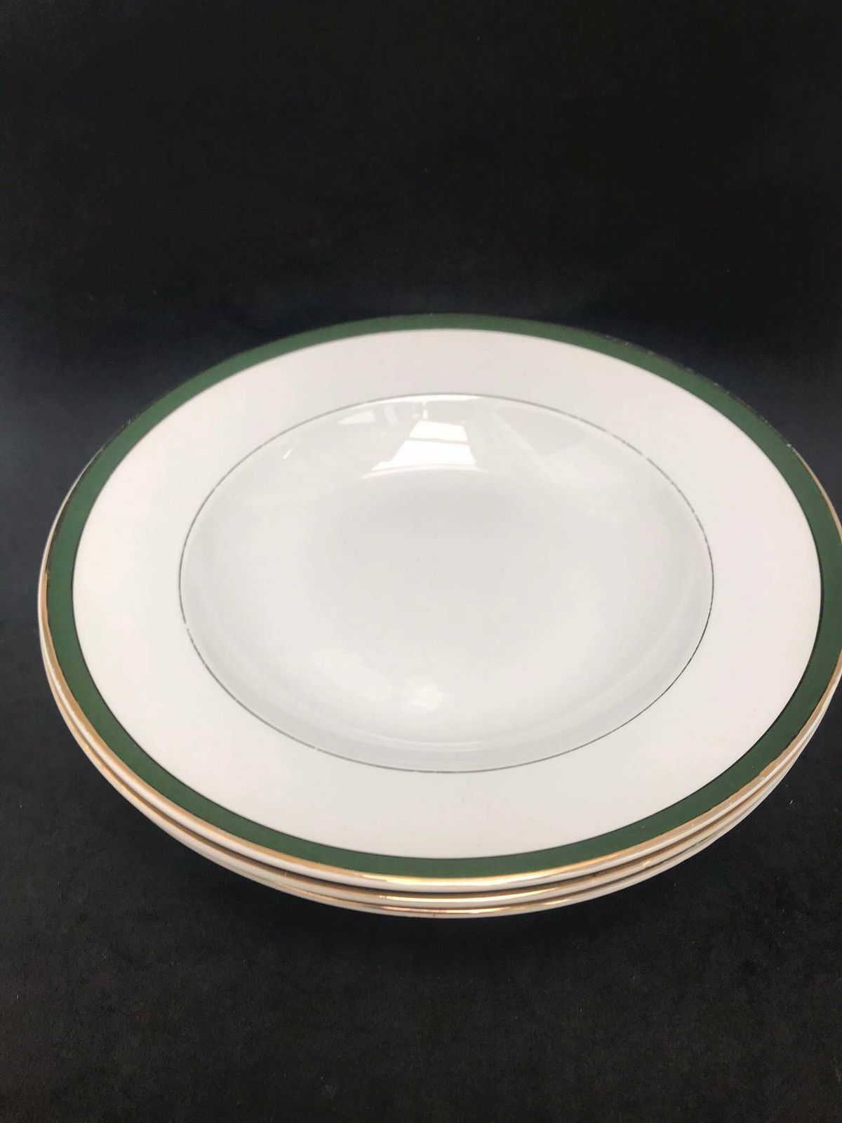 Antique Set 3 Soup Plates Made By Villeroy And Boch Mettlach Green Golden Rim XIX Century Large Plates 25,1 Cm Diameter German Porcelain photo furniture