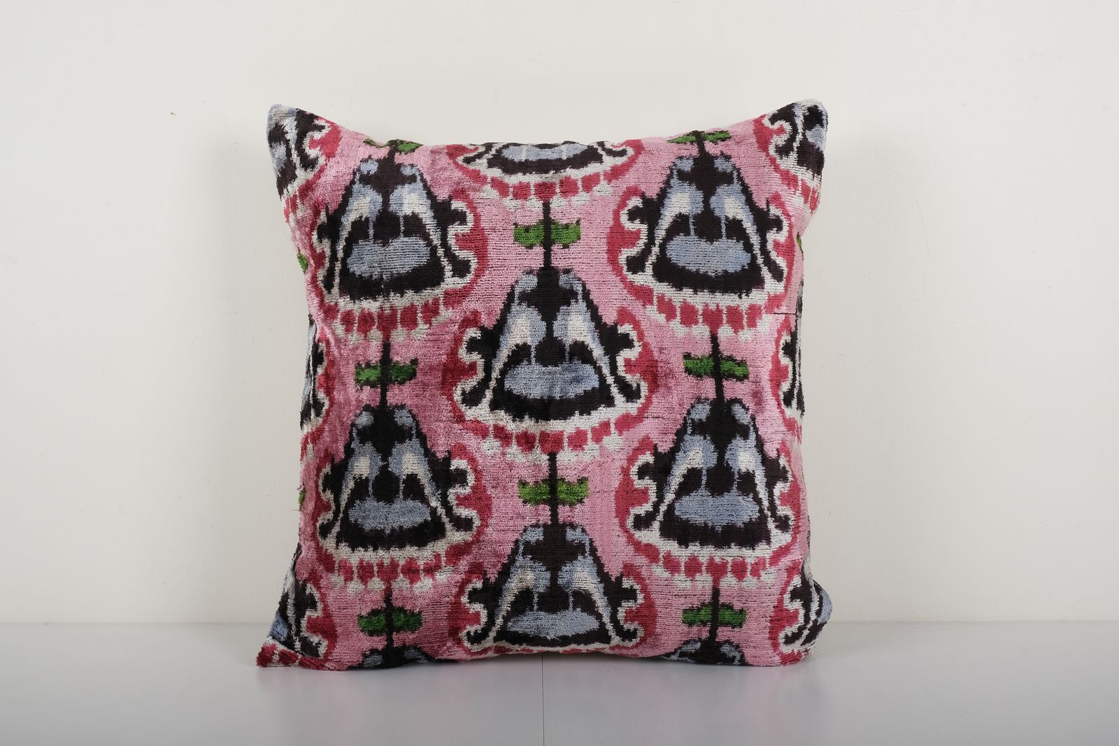 Square Ikat Pink Pillow Cover   Handloom Uzbek Silk Ikat Velvet Pillow Cover   Ethnic Decorative Throw Pillow 20'' X 20''