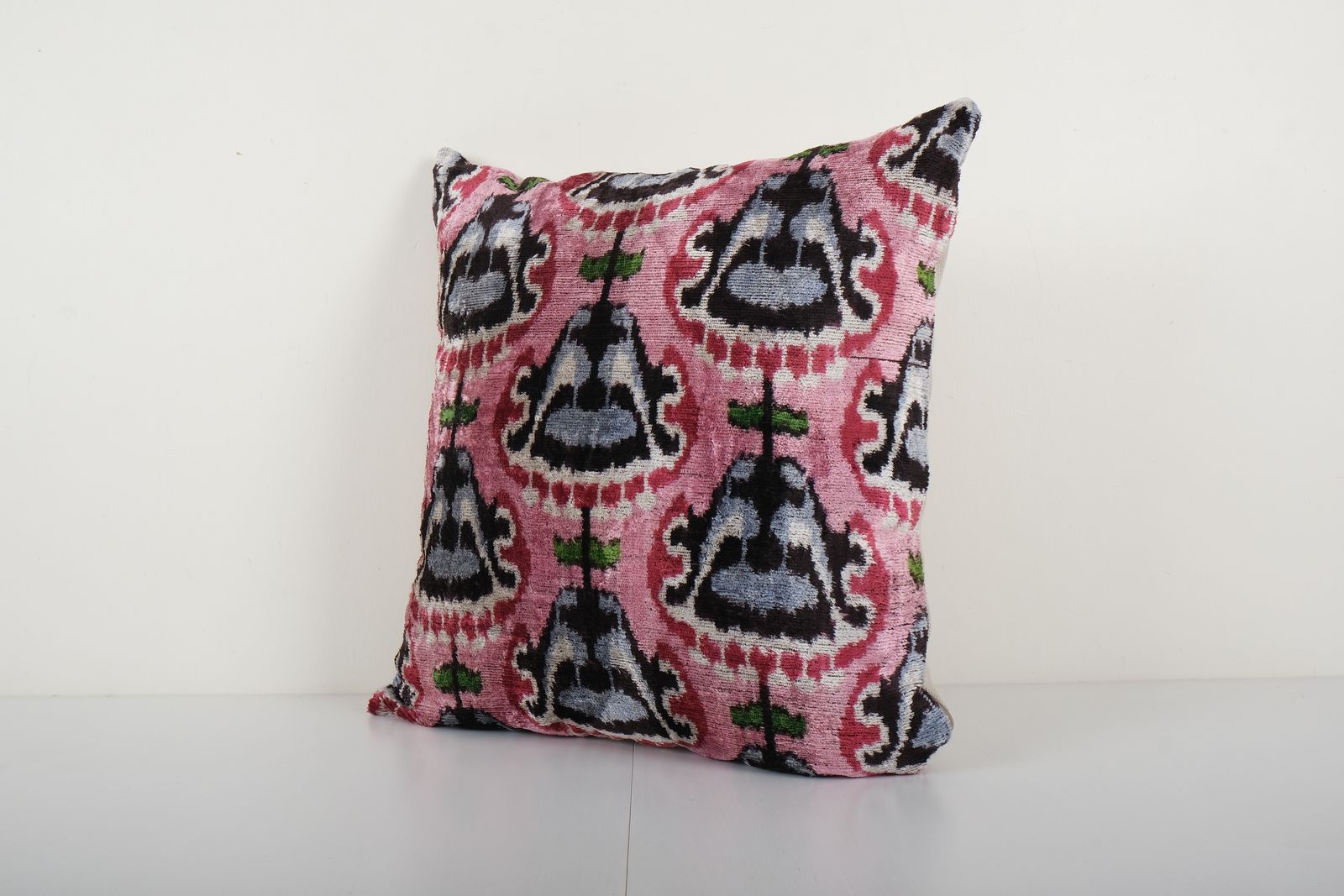 Square Ikat Pink Pillow Cover   Handloom Uzbek Silk Ikat Velvet Pillow Cover   Ethnic Decorative Throw Pillow 20'' X 20'' photo for sale