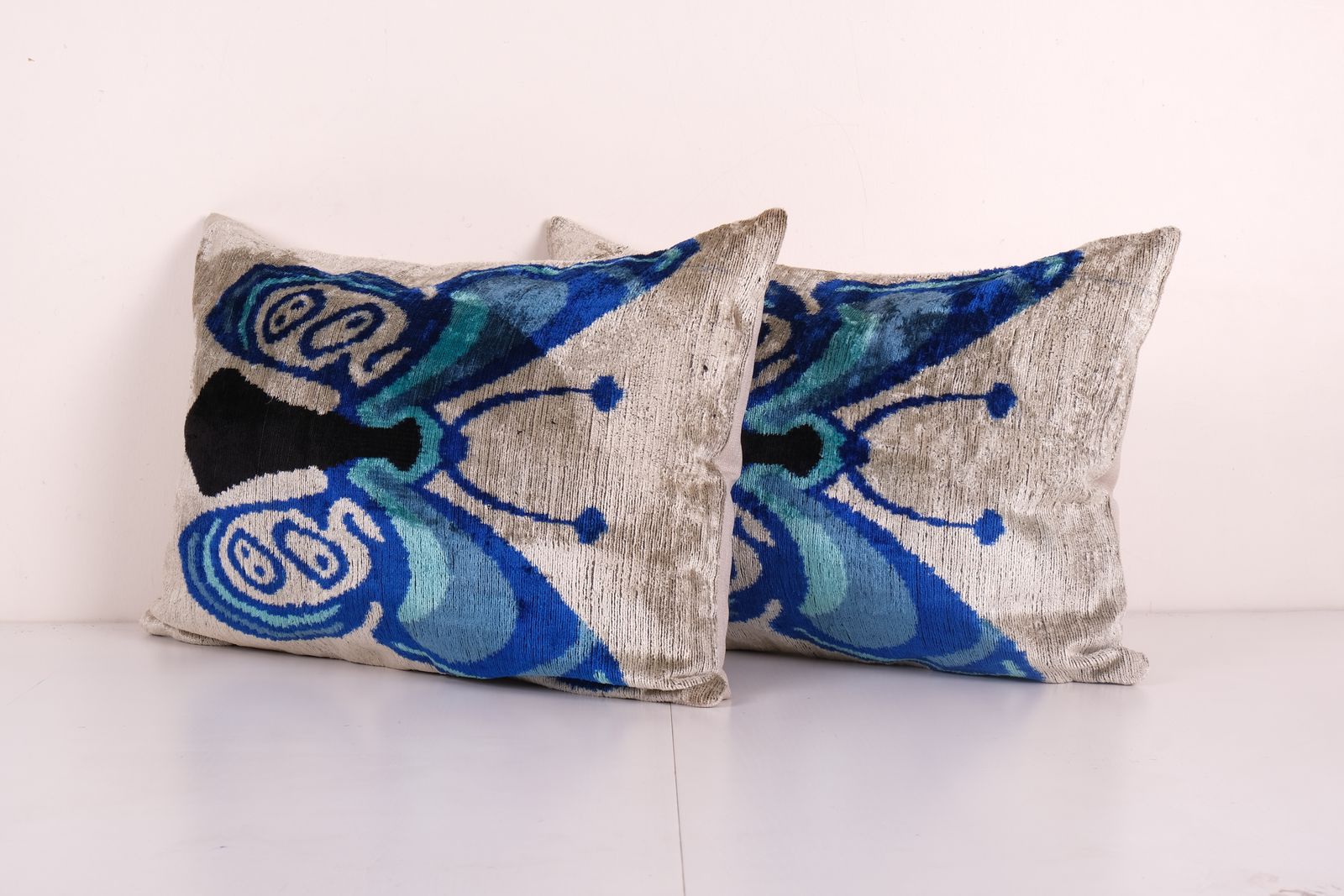 Butterfly Ikat Pillow | Handloom Silk Lumbar Cushion Cover | Animal Pattern Velvet Lumbar Pillows 16'' X 24'' photo furniture