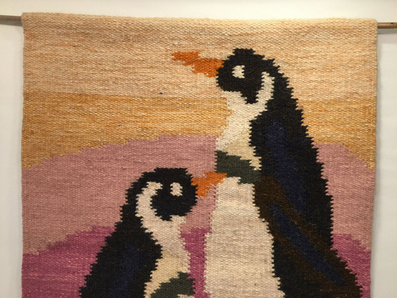 Swedish Flat Weave Wall Hanging Rug By Ingegerd Silow   Motif A Pair Of Wonderful Penguins photo furniture