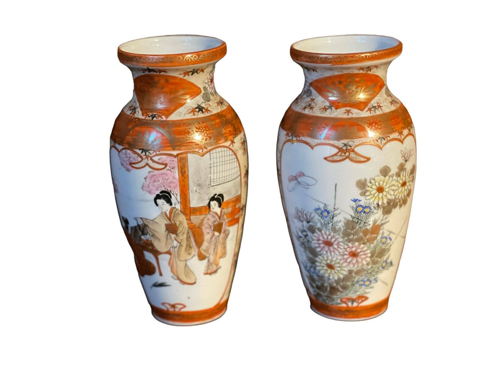 Pair Of Japanese Kutani Vases, Decorated In Orange And Gold