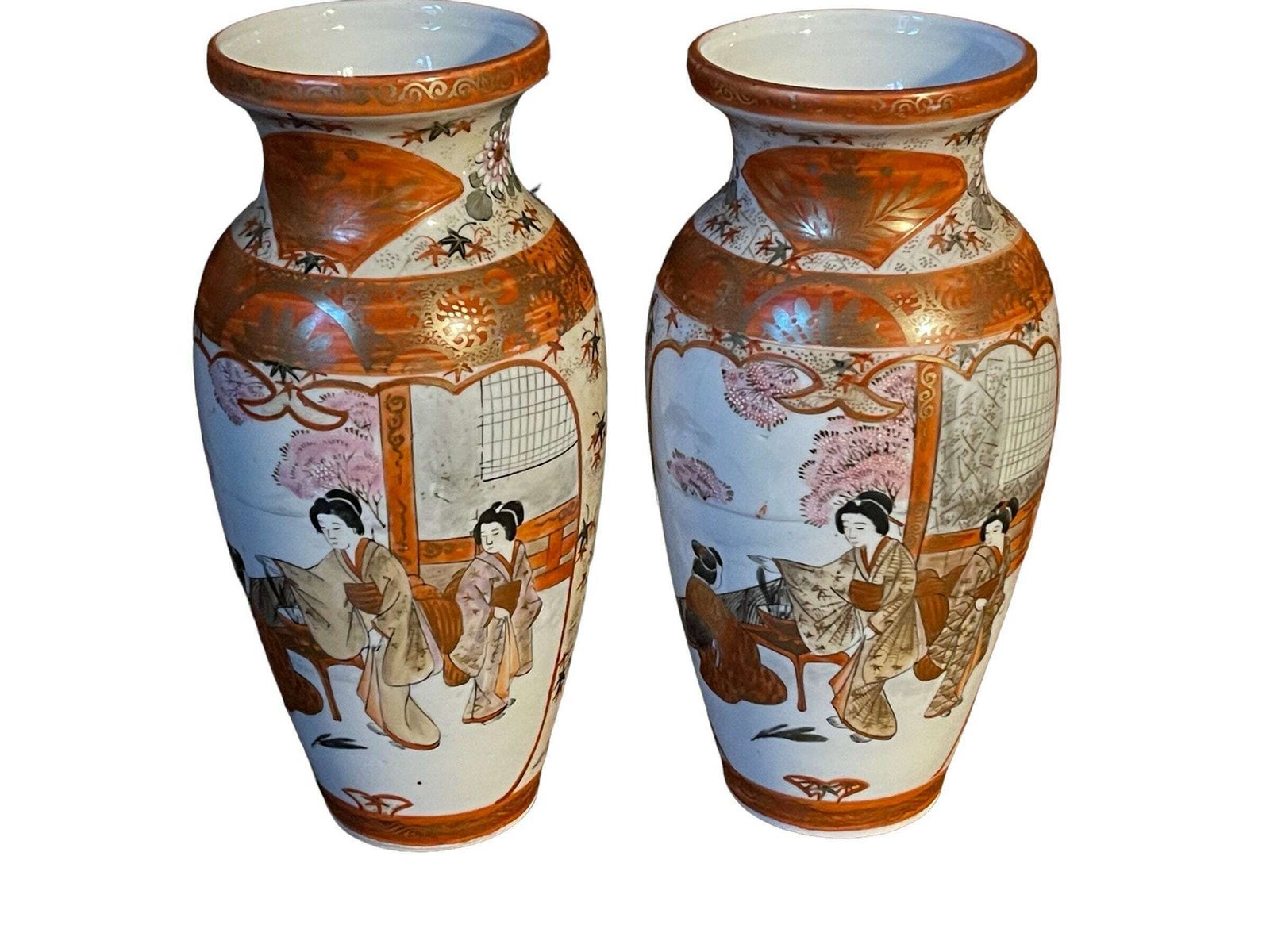 Pair Of Japanese Kutani Vases, Decorated In Orange And Gold photo 159.0