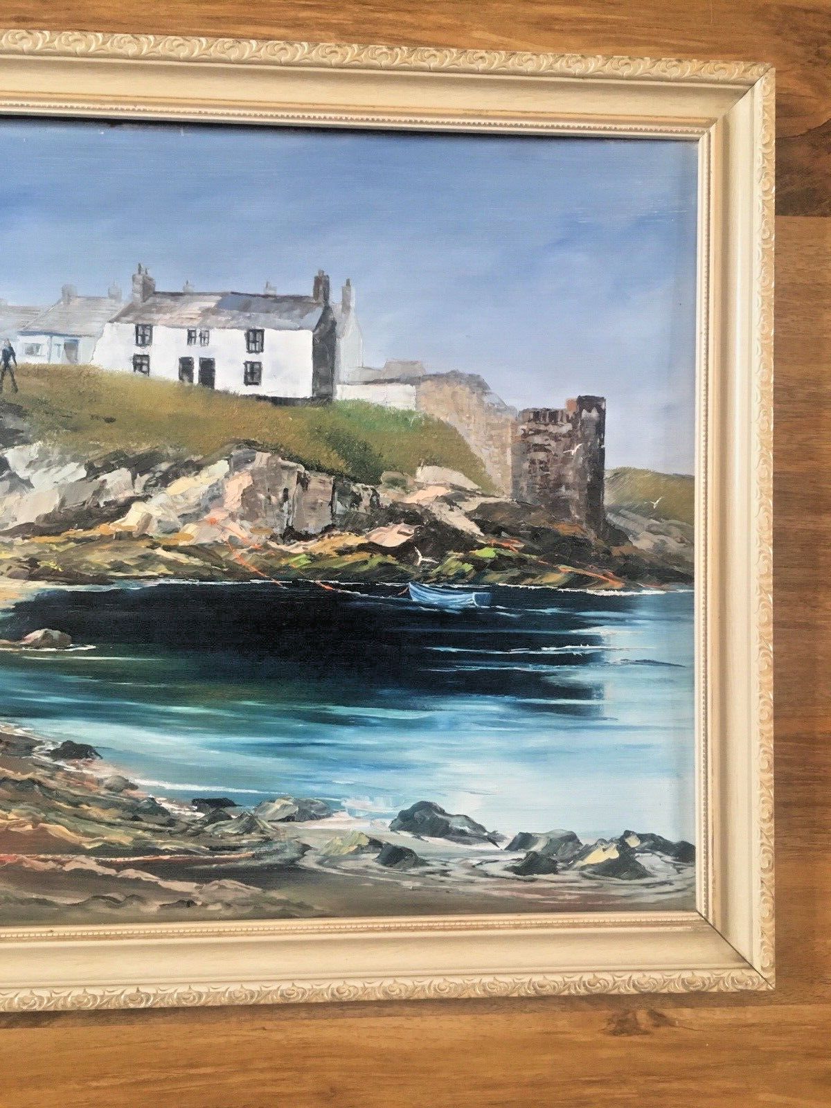 Original Jill Mickle Framed Oil Painting Newry Beach Holyhead Anglesey Port Boat photo Art