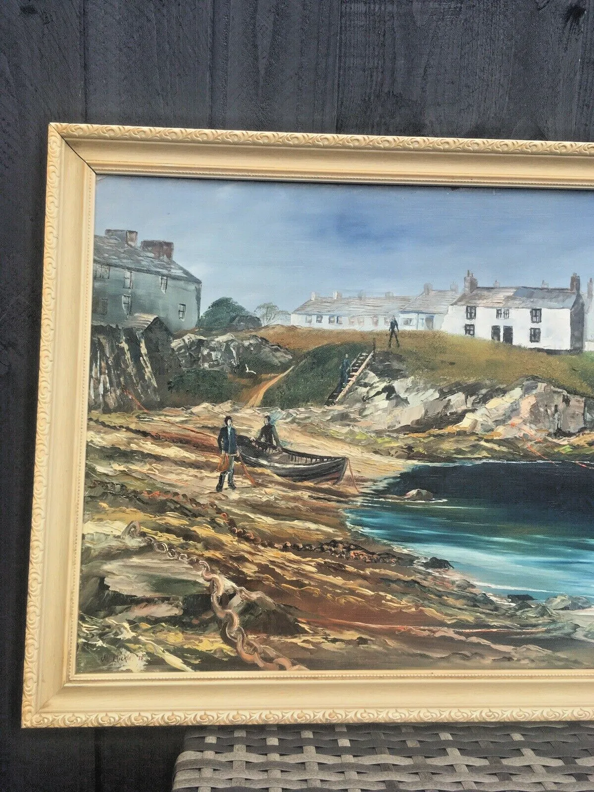 220.0 Original Jill Mickle Framed Oil Painting Newry Beach Holyhead Anglesey Port Boat photo
