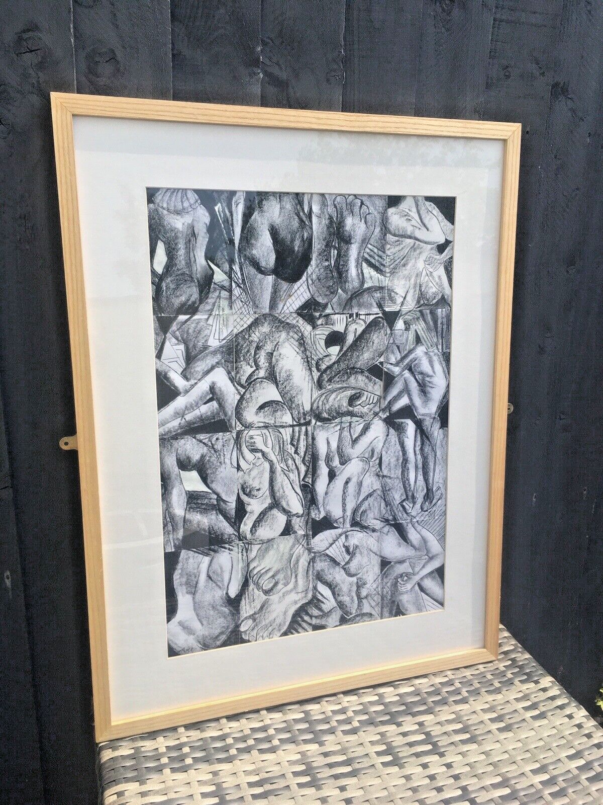 Large Black & White Human Body Nude Framed Collage Acrylic Painting Cubism photo for sale