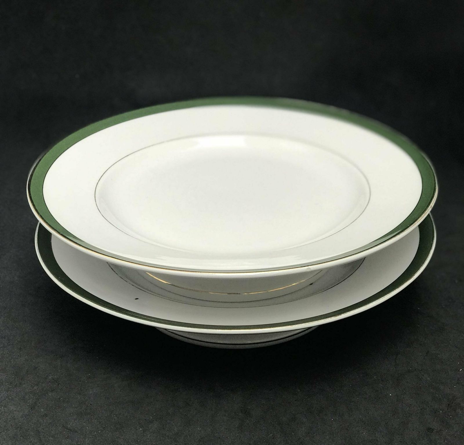 Antique Set Of 2 Displays Desserts/Sandwiches/Cakes/Pastries Villeroy And Boch Mettlach Green Golden Rim XIX Century Plates German Porcelain photo vinterior