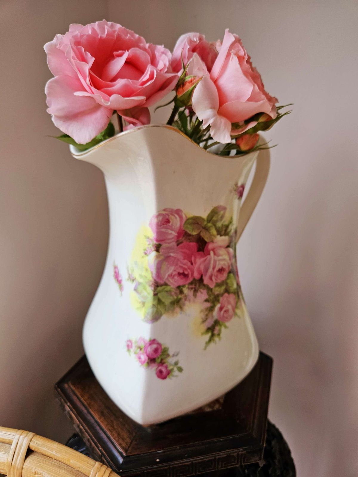Spectacular, Large, Art Deco, Antique Wash Jug Vase With Pink Rose Decoration photo for sale