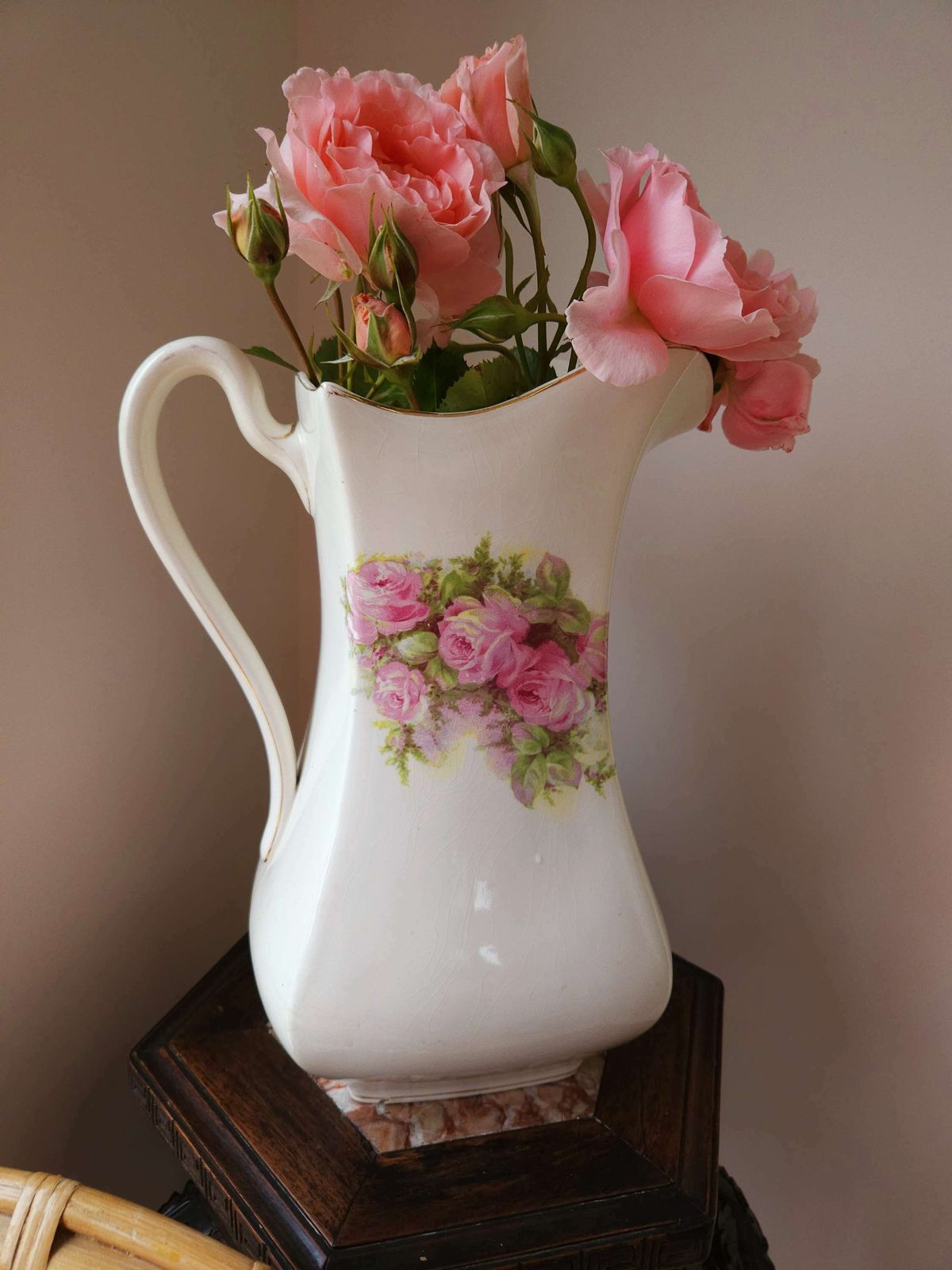 Spectacular, Large, Art Deco, Antique Wash Jug Vase With Pink Rose Decoration photo 149.0