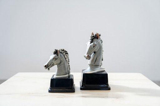 "Horse Head Sculptures" Laminated In 925 Silver   Marcello Giorgio 1980 Set Of 2