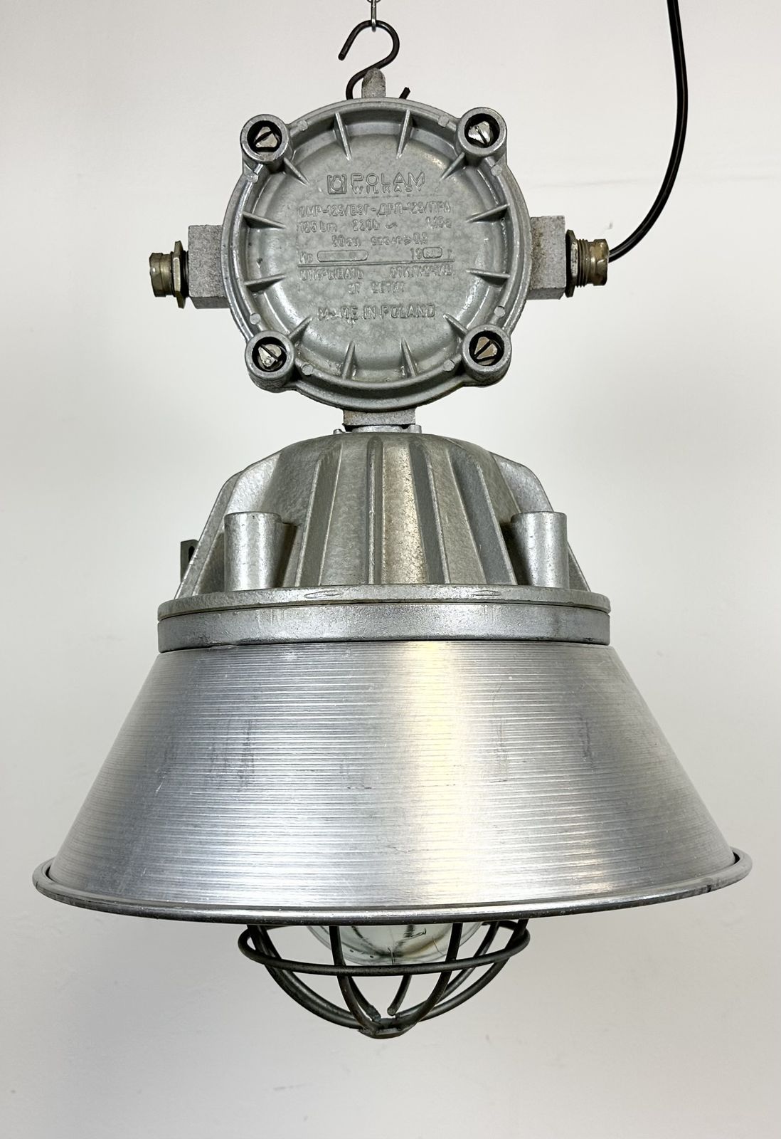 Large Industrial Cast Aluminium Cage Pendant Light From Polam Wilkasy, 1970s, 2x photo for sale