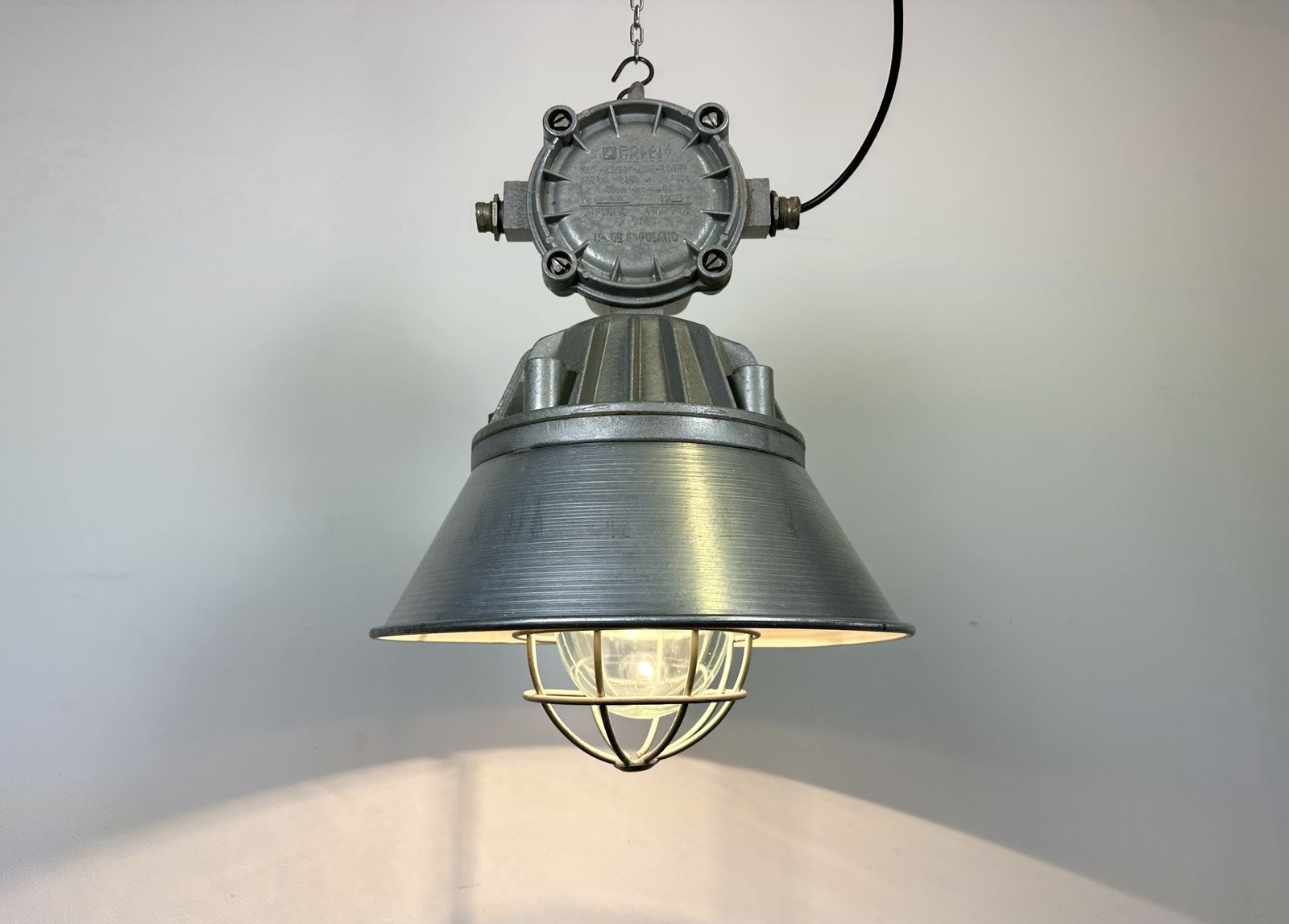 Large Industrial Cast Aluminium Cage Pendant Light From Polam Wilkasy, 1970s, 2x photo vinterior