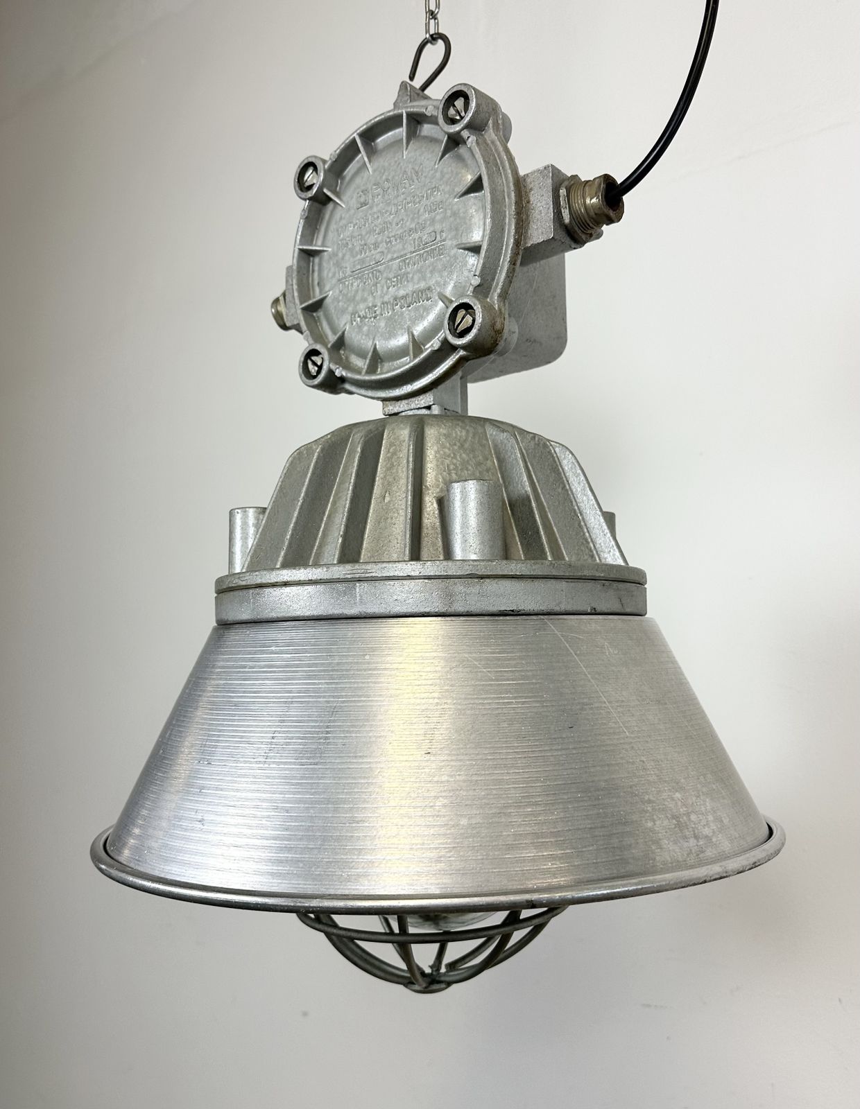 Lighting Large Industrial Cast Aluminium Cage Pendant Light From Polam Wilkasy, 1970s, 2x photo