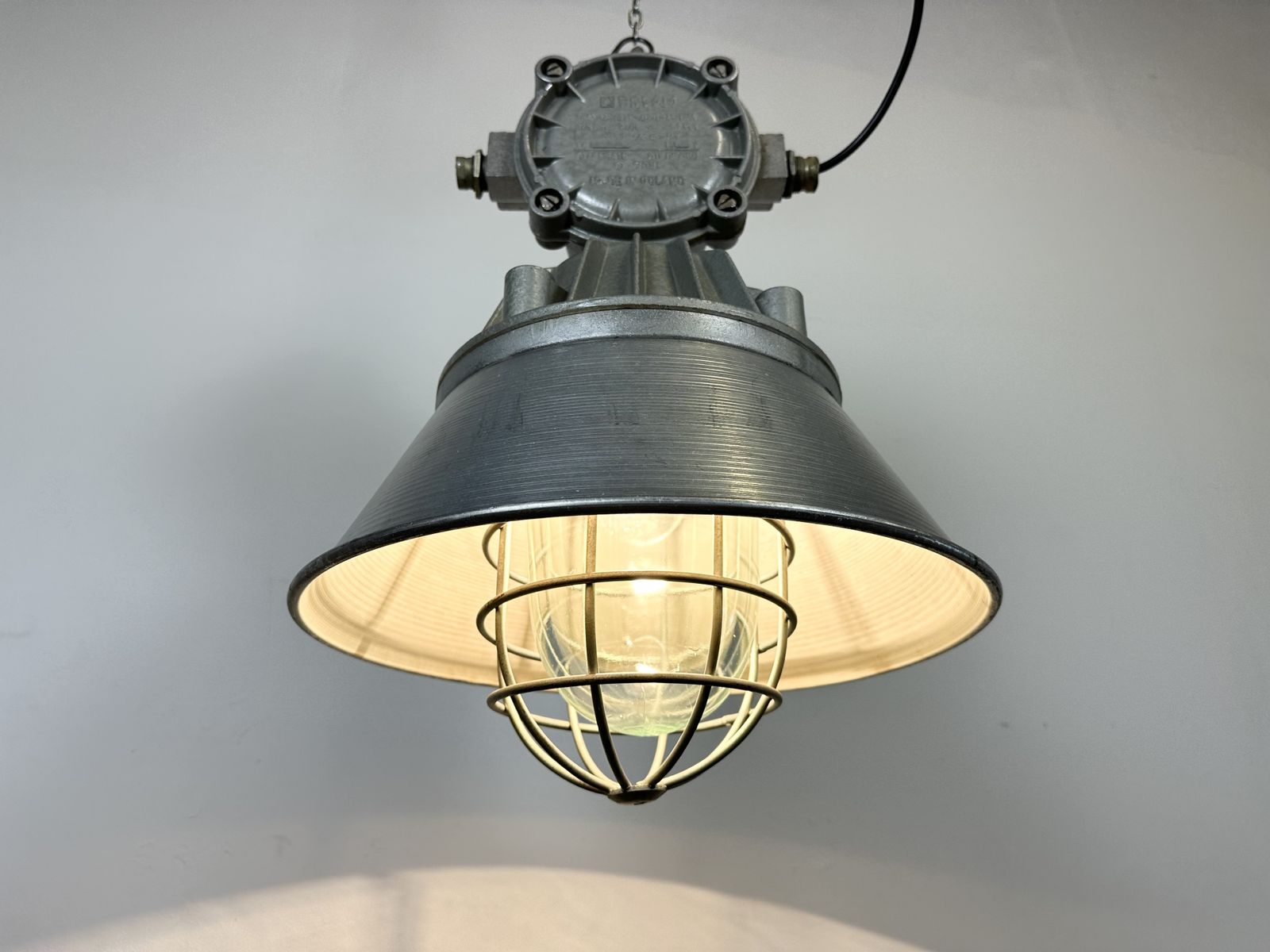 289.0 Large Industrial Cast Aluminium Cage Pendant Light From Polam Wilkasy, 1970s, 2x photo