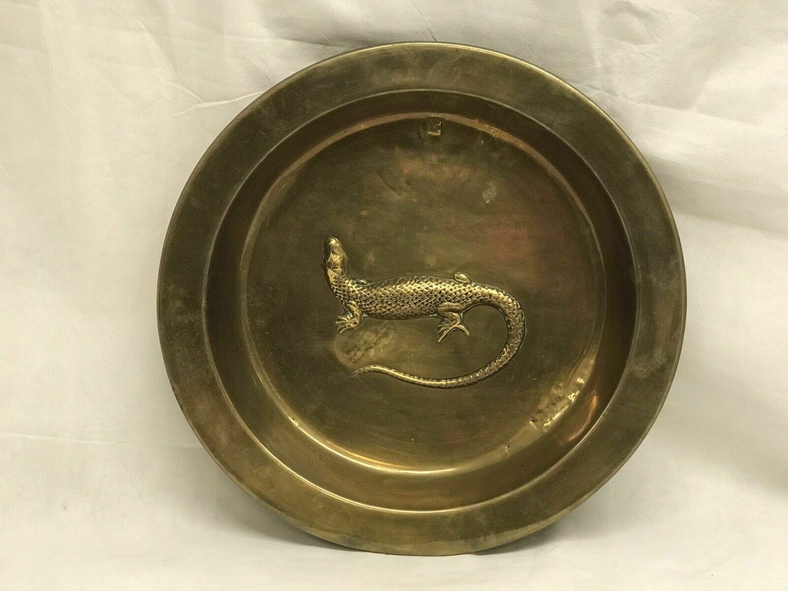 Arts And Crafts Brass And Copper Wall Charger Decorated With A Lizard. photo for sale