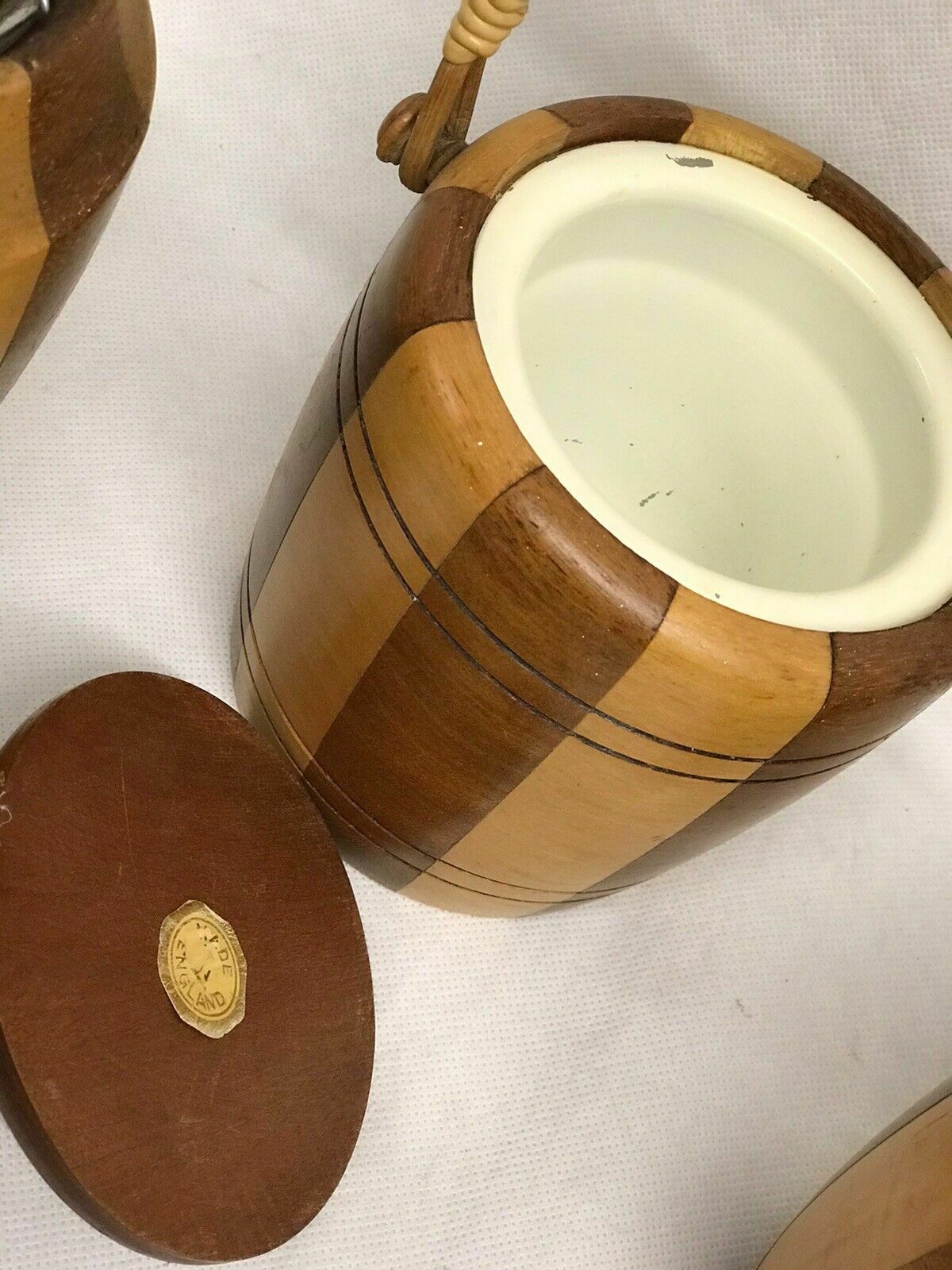 Mid Century Set Of Wooden Pots. Biscuit Barrel & 2 Posy Holders. photo for sale
