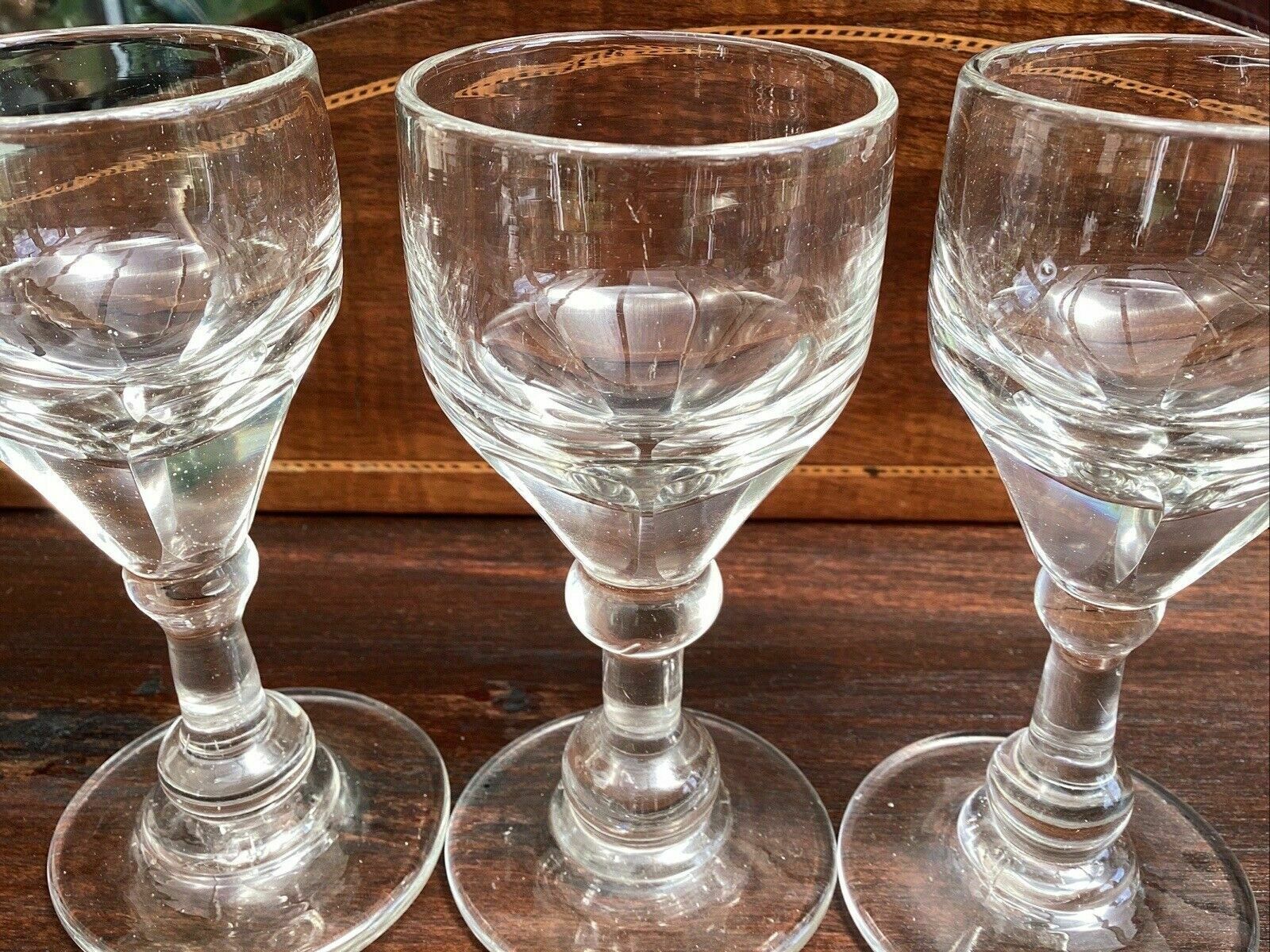 3 Georgian Deceptive Toasting Dram Glasses. Knopped Stems. Funnelled Bowls photo for sale