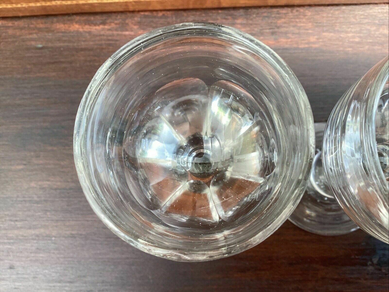 3 Georgian Deceptive Toasting Dram Glasses. Knopped Stems. Funnelled Bowls photo vintage