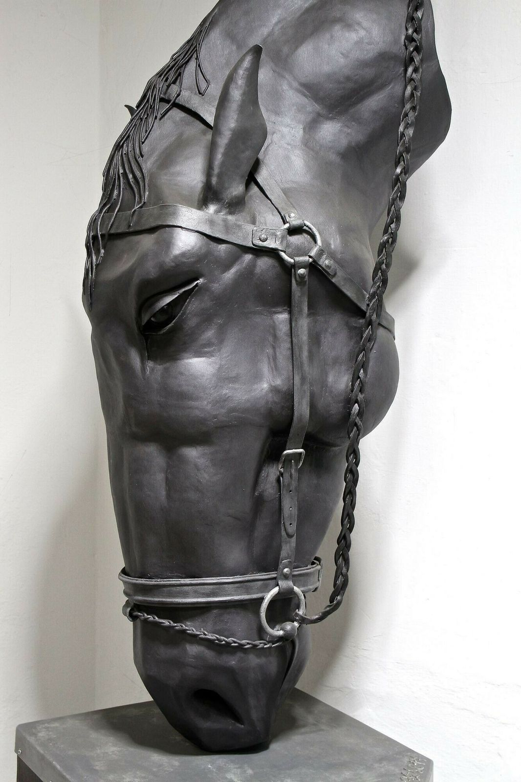 Metal Horse Head Sculpture By G. Fössl, Handforged On Charred Oak Base, 2017 photo buy
