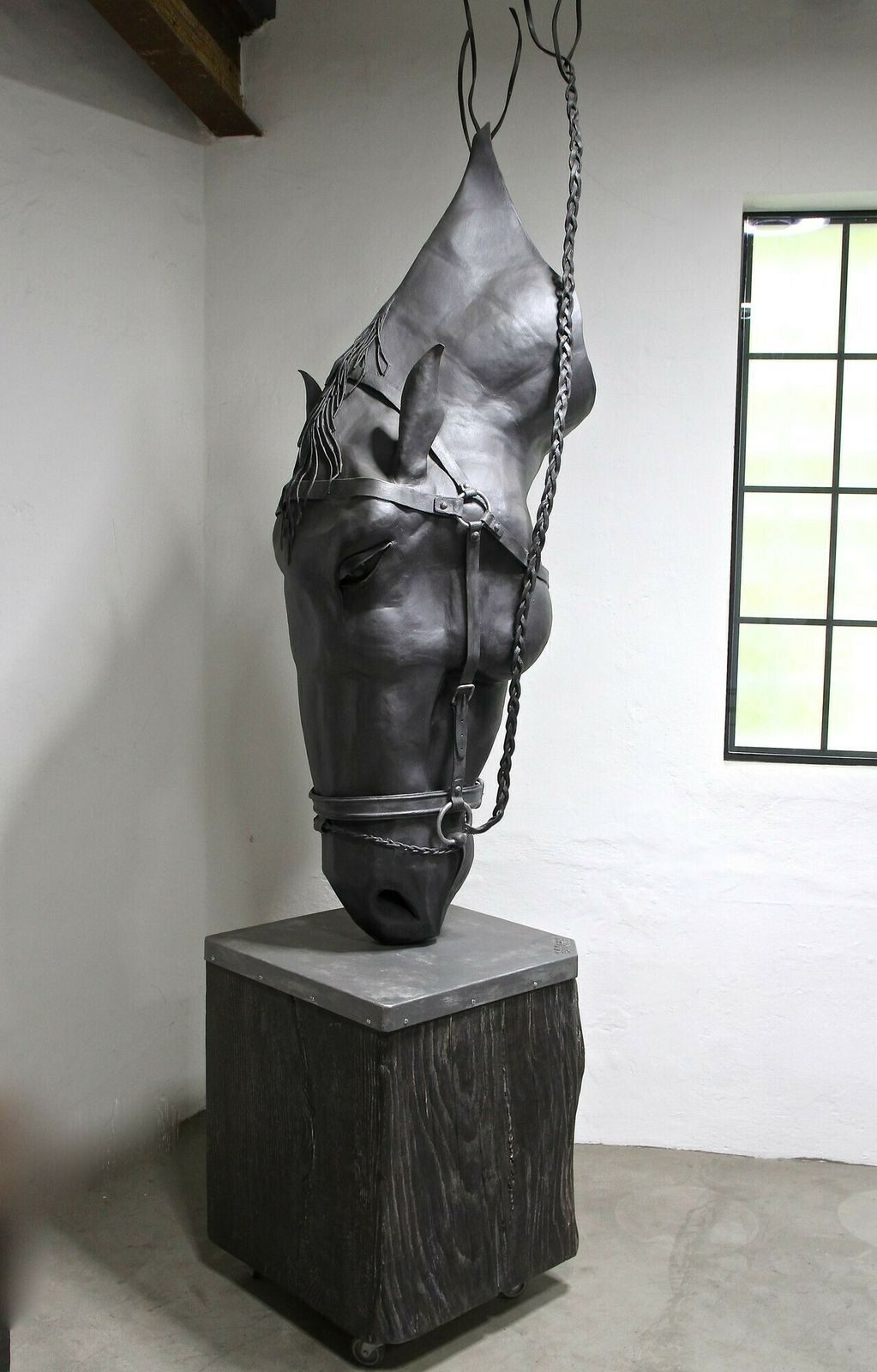 photo for sale Metal Horse Head Sculpture By G. Fössl, Handforged On Charred Oak Base, 2017
