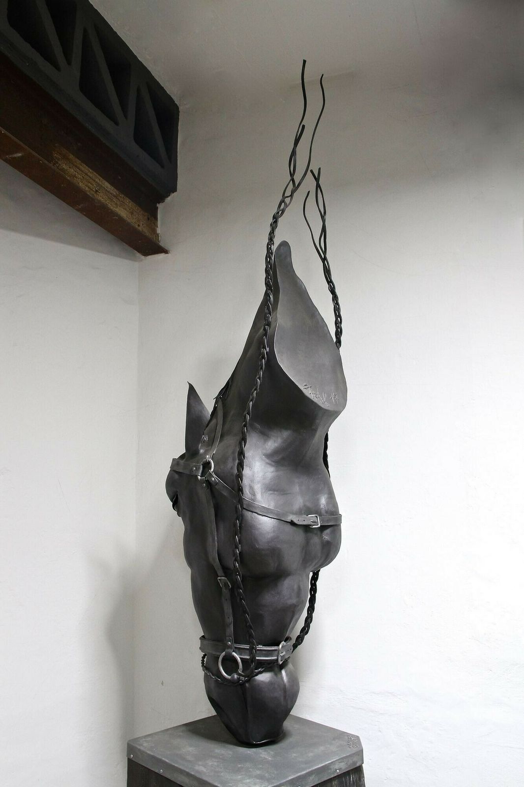 145000.0 Metal Horse Head Sculpture By G. Fössl, Handforged On Charred Oak Base, 2017 photo