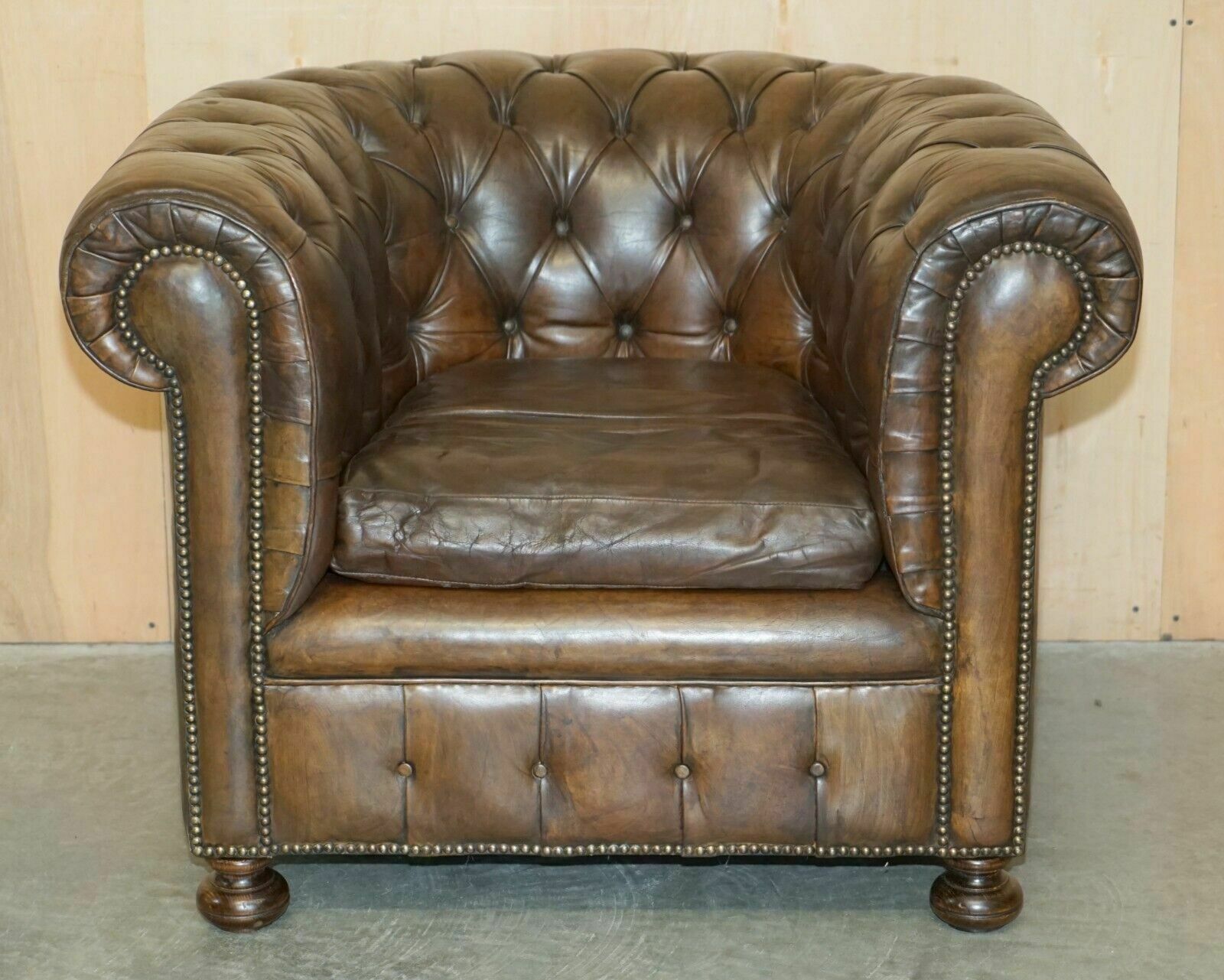Vintage Circa 1950's Hand Dyed Brown Leather Chesterfield Club Armchair Walnut photo furniture