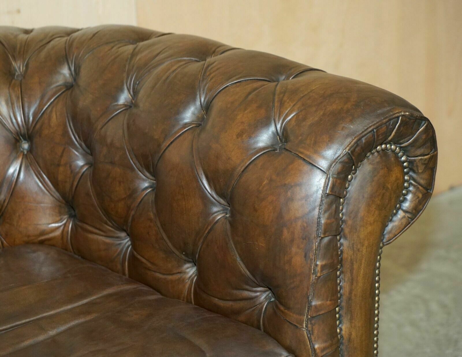 Vintage Circa 1950's Hand Dyed Brown Leather Chesterfield Club Armchair Walnut photo 2750.0