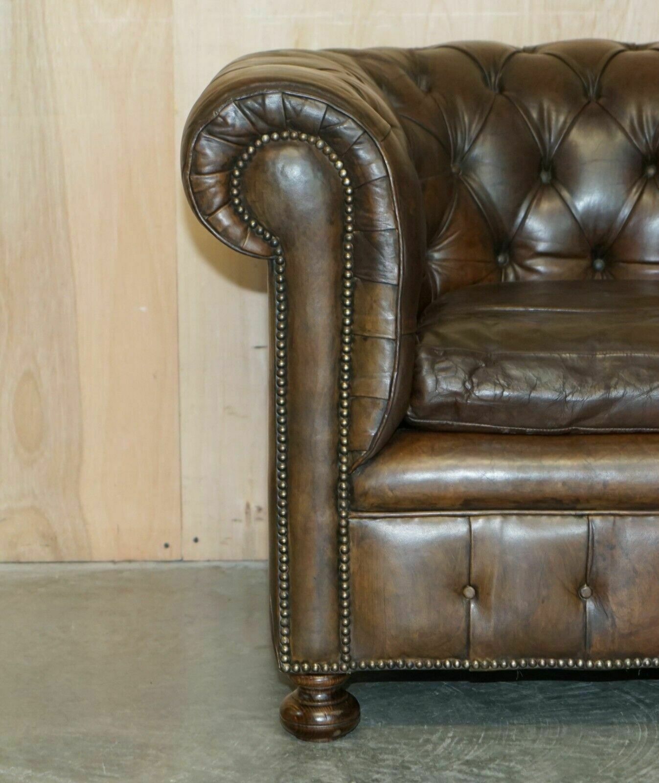 Vintage Circa 1950's Hand Dyed Brown Leather Chesterfield Club Armchair Walnut photo buy