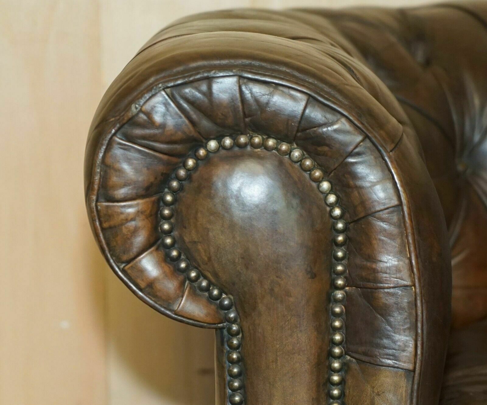 Vintage Circa 1950's Hand Dyed Brown Leather Chesterfield Club Armchair Walnut photo vintage