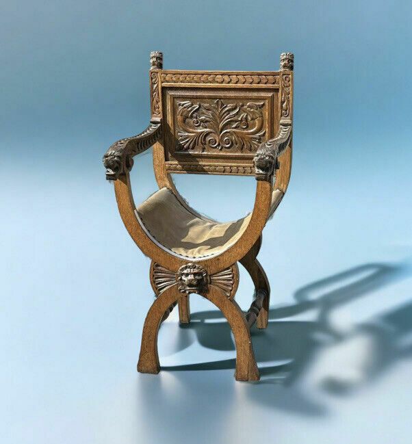 Furniture Antique Carved Oak Chair, With Carved Lion Heads Decoration photo