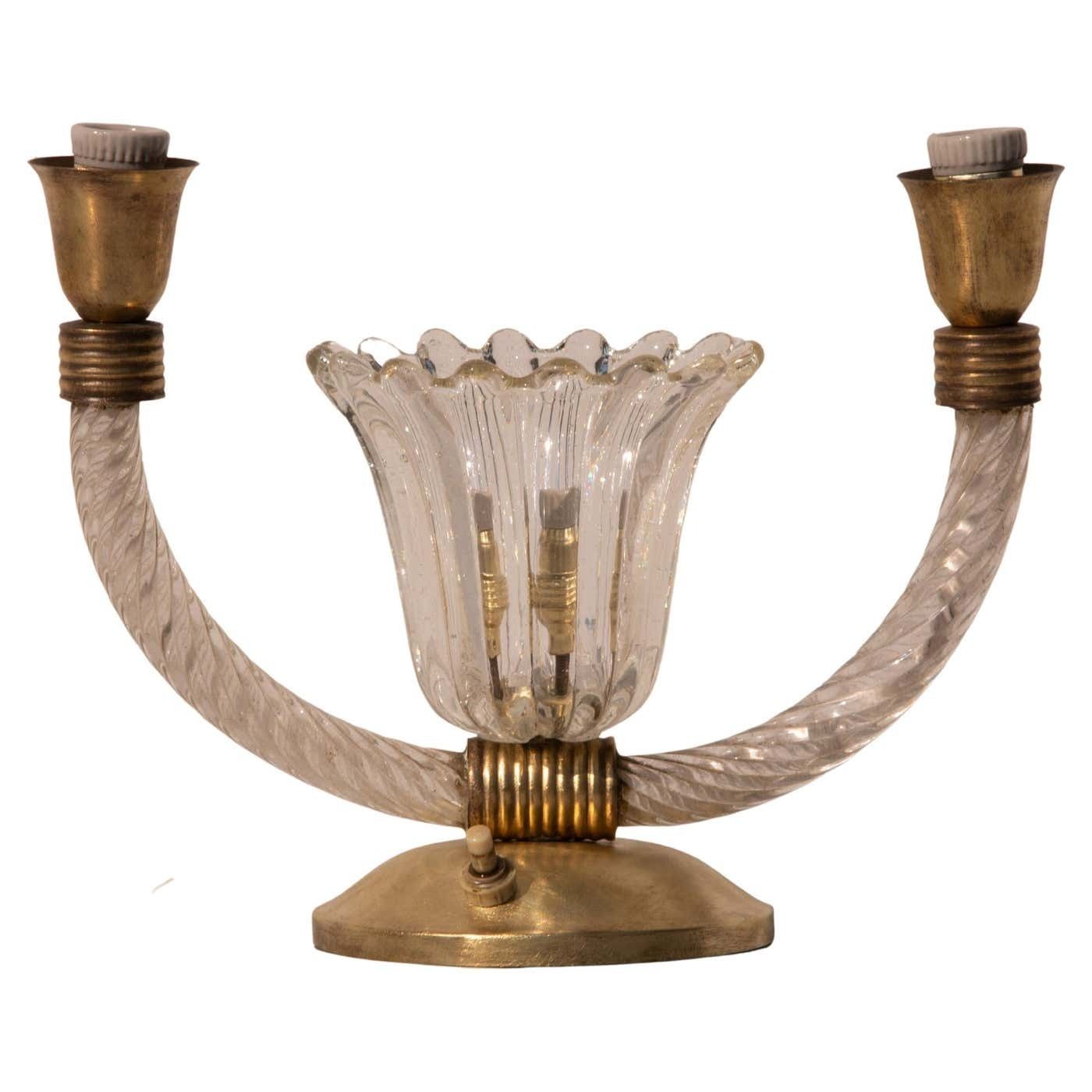 Art Decò Barovier E Toso Table Lamp Brass Murano Glass, Italy 1940