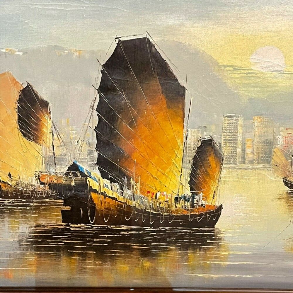 Large Framed Oil Painting Of A Hong Kong Harbour Scene With Junk Boats On Canvas photo furniture