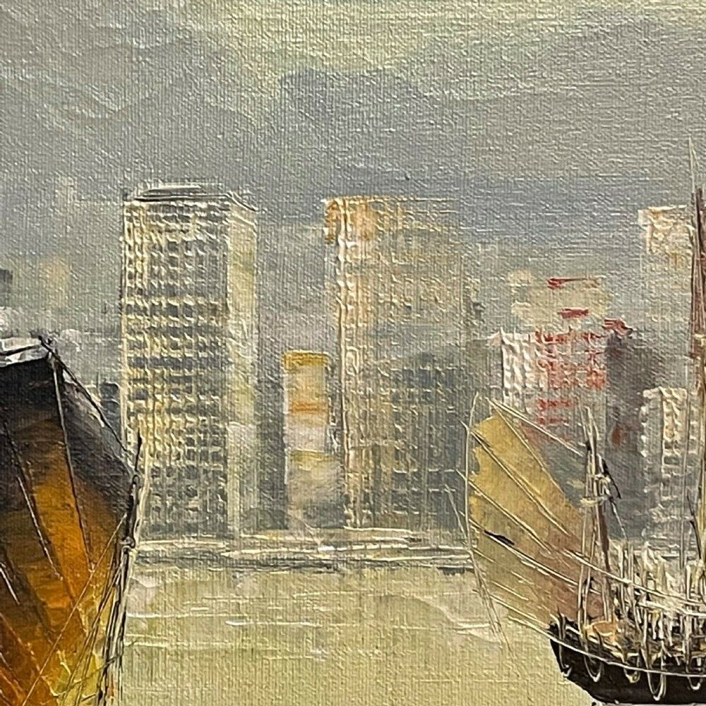 photo furniture Large Framed Oil Painting Of A Hong Kong Harbour Scene With Junk Boats On Canvas