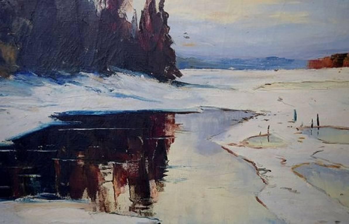 Axel Lind Winter Landscape With Forest, Oil On Canvas photo for sale