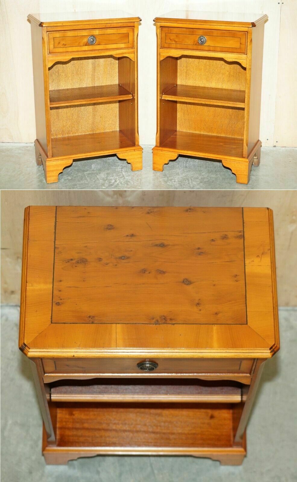 Pair Of Vintage Burr Yew Wood Lamp Side End Wine Tables Open Bookcases