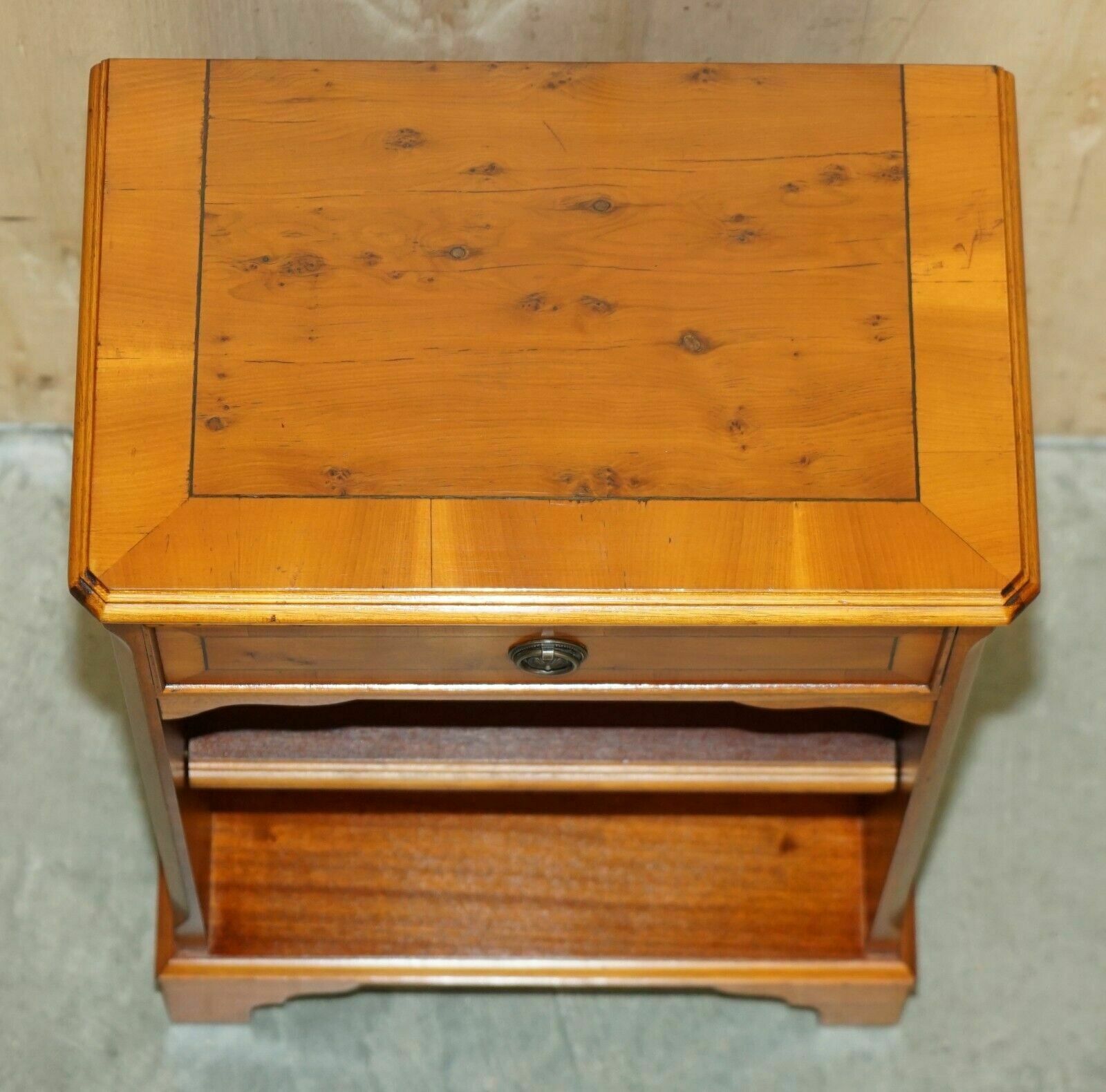 1350.0 Pair Of Vintage Burr Yew Wood Lamp Side End Wine Tables Open Bookcases photo