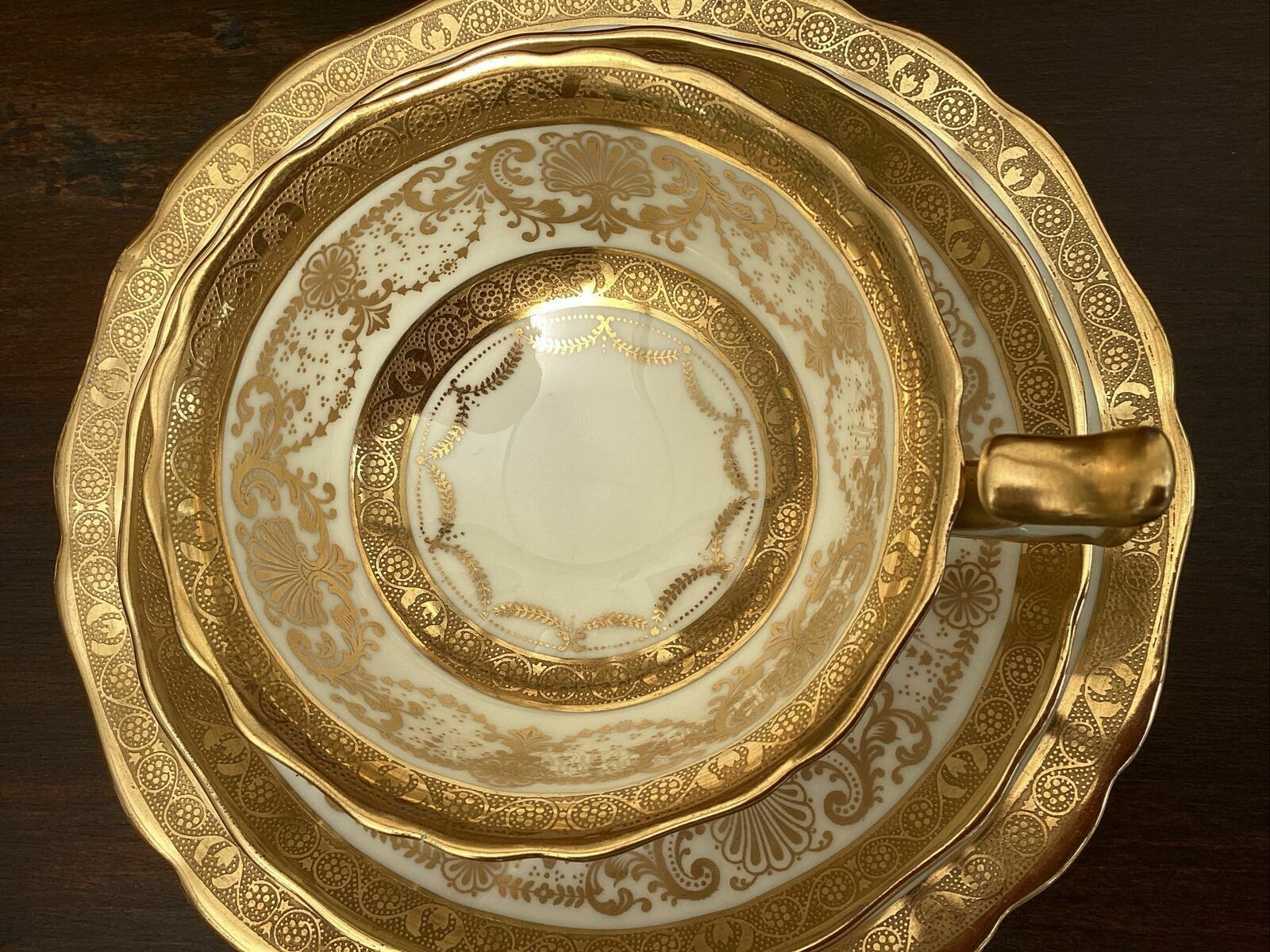 Beautiful And Rare Antique Cauldon Embossed Gilt Cabinet Tea Trio photo for sale