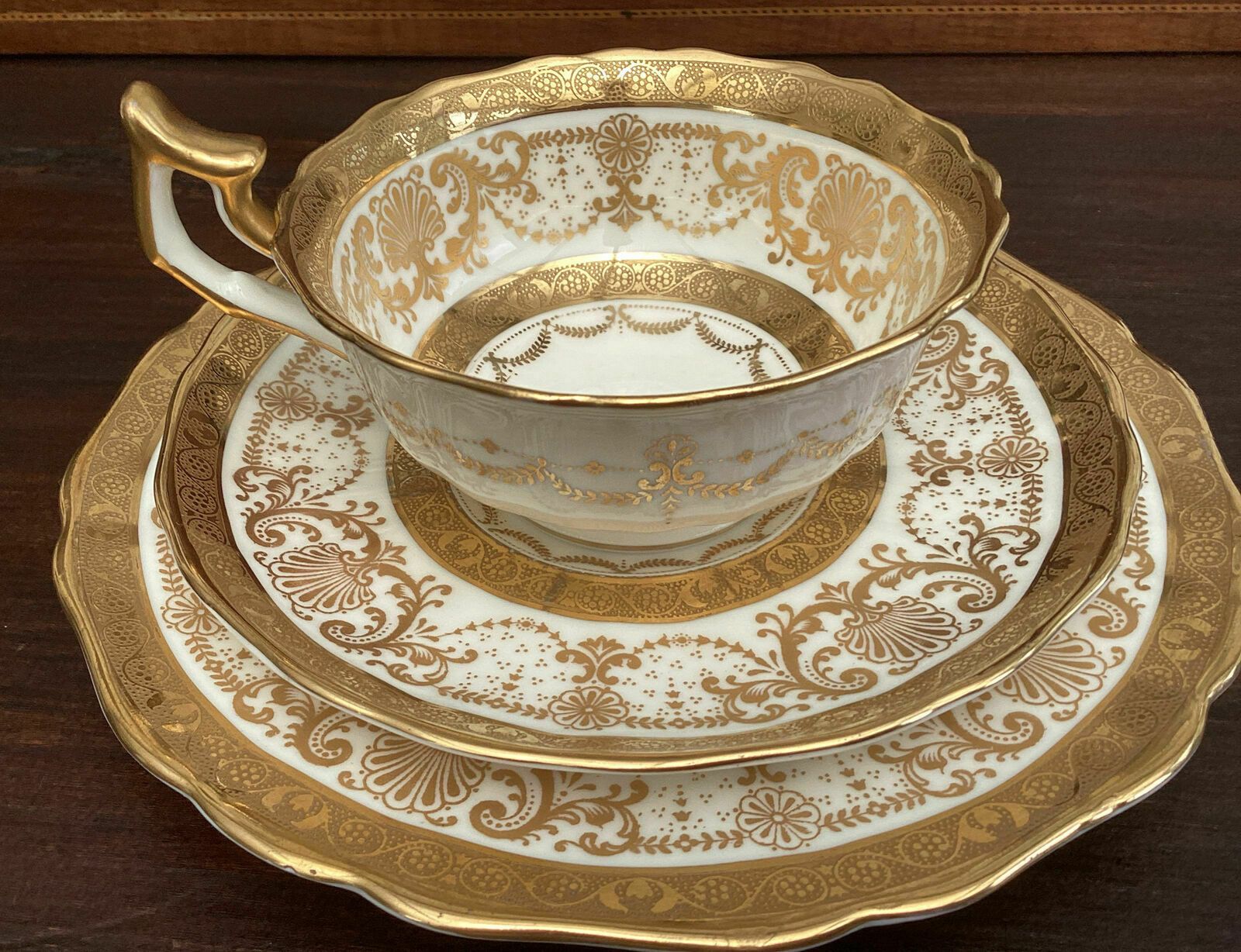 Beautiful And Rare Antique Cauldon Embossed Gilt Cabinet Tea Trio photo vintage