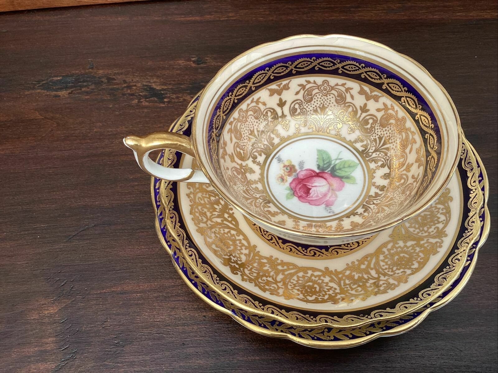 80.0 Paragon Antique Floating Rose Cabinet Tea Trio Cobalt And Gilt C 1945 photo