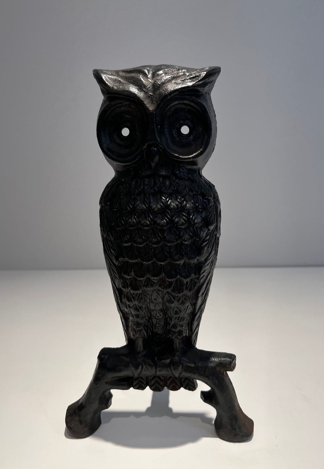 Pair Of Cast Iron And Wrought Iron Andirons Representing An Owl photo vinterior