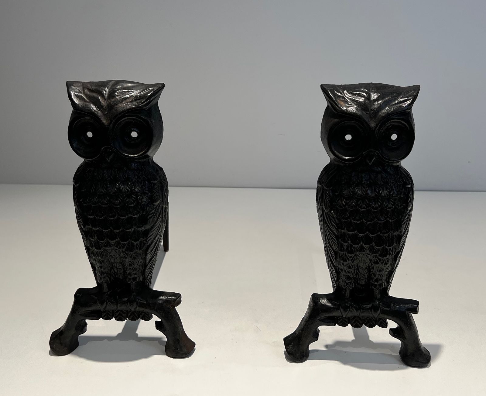 Home Fixtures Pair Of Cast Iron And Wrought Iron Andirons Representing An Owl photo