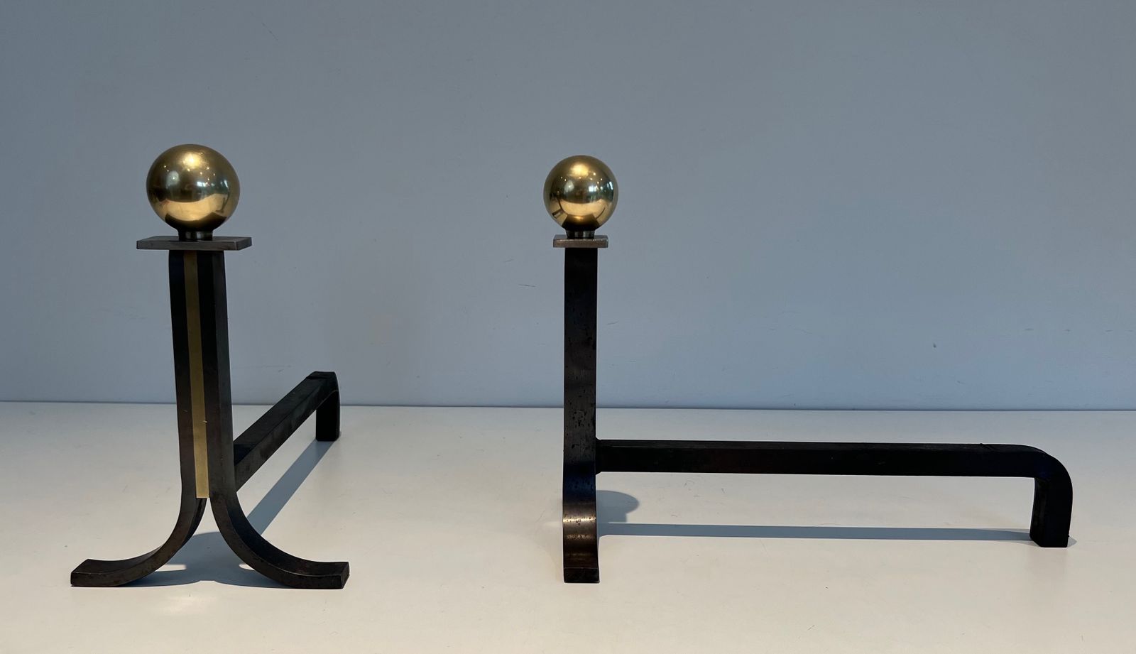 Pair Of Modernist Andirons In Steel, Brass And Wrought Iron In The Style Of Jacques Adnet photo 980.0