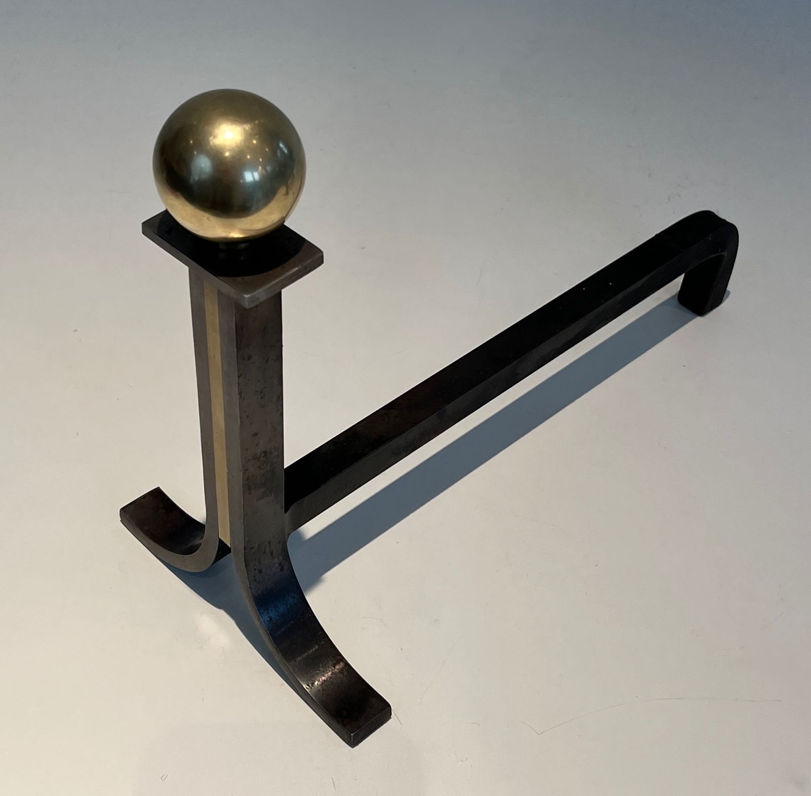 Pair Of Modernist Andirons In Steel, Brass And Wrought Iron In The Style Of Jacques Adnet photo vintage