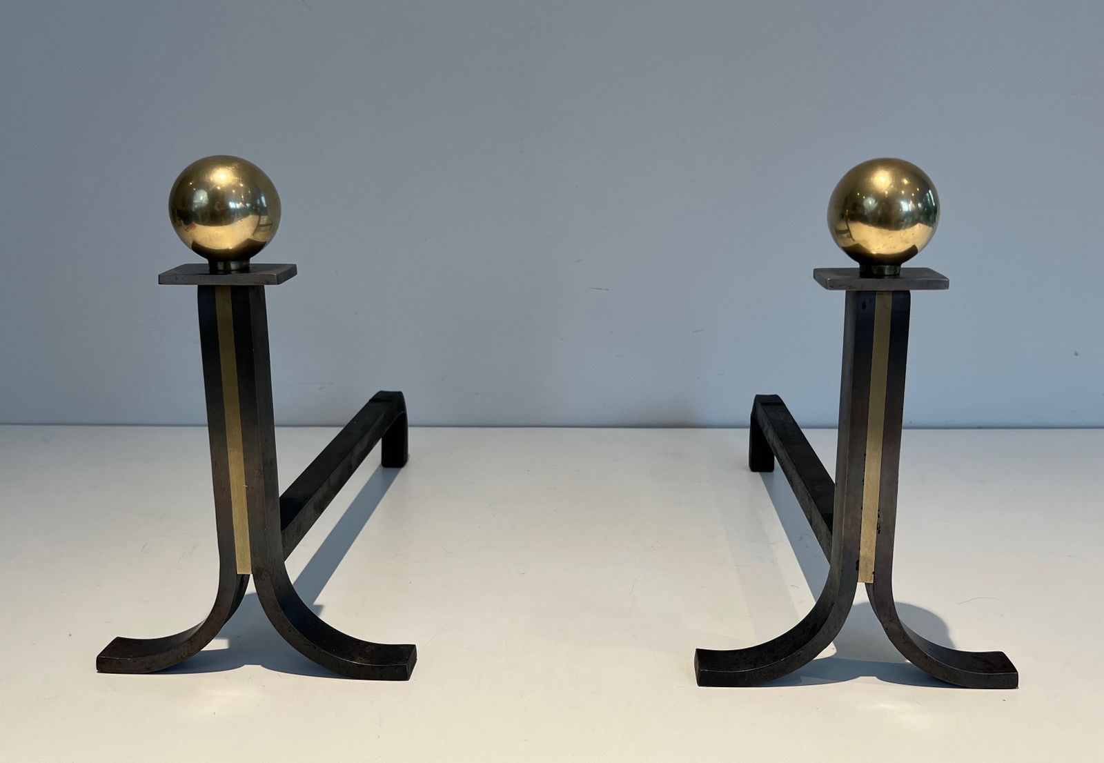 980.0 Pair Of Modernist Andirons In Steel, Brass And Wrought Iron In The Style Of Jacques Adnet photo