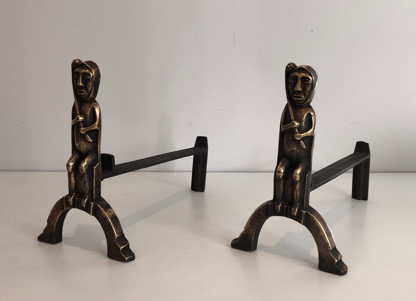 Pair Of Andirons In Bronze With Seated Shamans Monogrammed Anton Prinner photo for sale