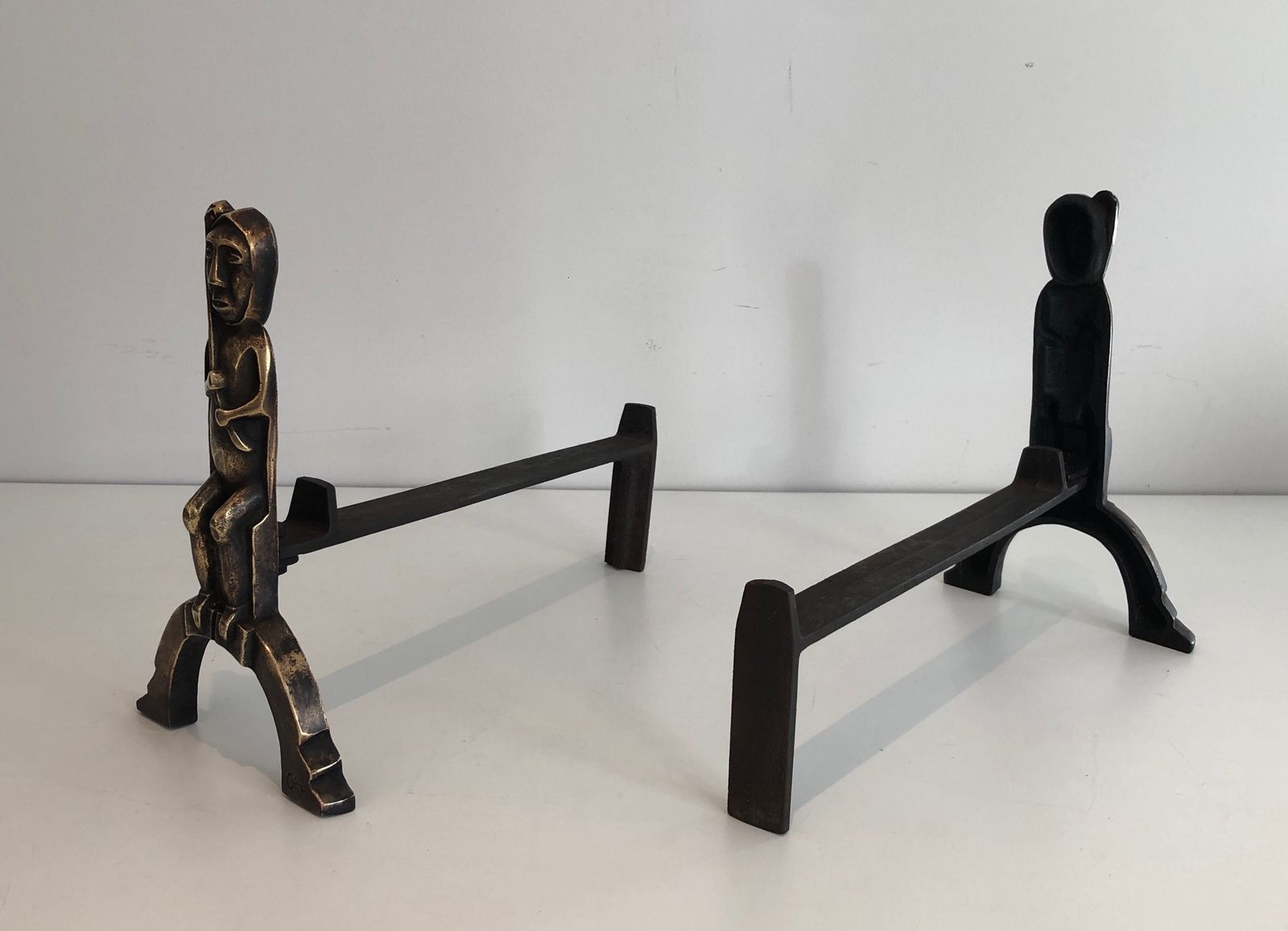 Pair Of Andirons In Bronze With Seated Shamans Monogrammed Anton Prinner photo 1850.0